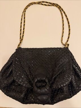 Sharif Black Woven Shoulder Bag with Gold Chain Strap